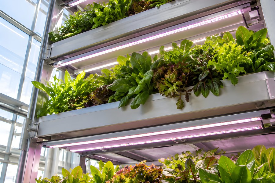 Vertical Hydroponic Farm Racks with LED Grow Lights Growing Rows of Fresh Lettuce and Leafy Greens Inside a Greenhouse