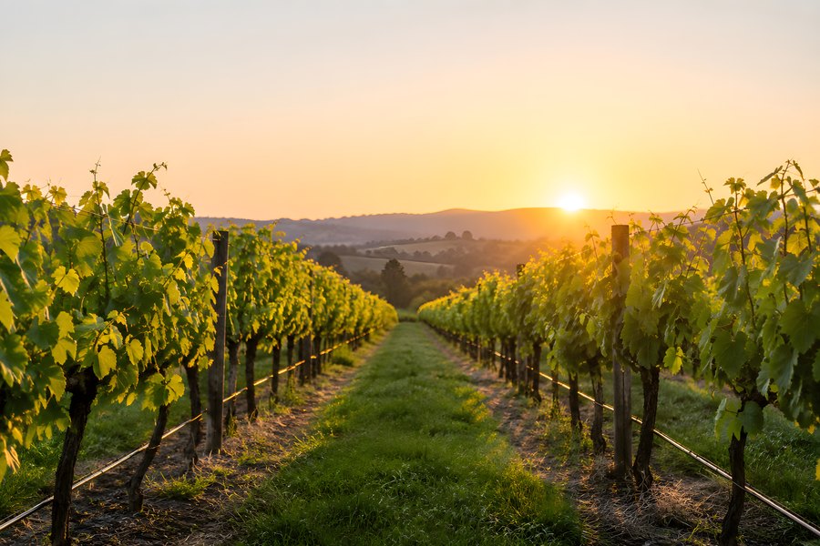 Rows of grapevines converge toward a golden sunset across a vineyard hillside, with wooden posts, wire trellises, and no people in sight