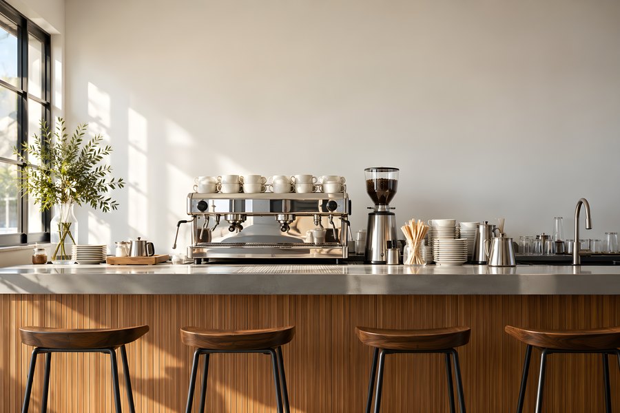 Empty cafe counter with espresso machine, wooden bar stools and sunlit blank wall, no people