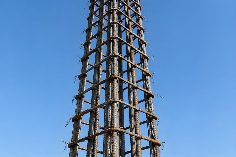 Tall tapering rebar cage with tied steel reinforcement bars standing on a construction site against a clear blue sky before the concrete pour