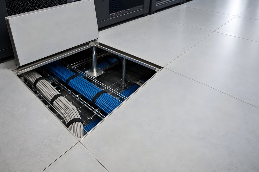 Raised floor tile lifted in a data center revealing underfloor cable tray, pedestal grid and bundled network cabling with server racks behind