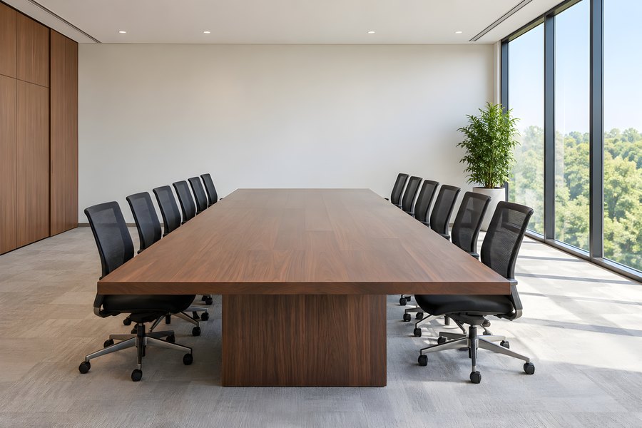 Empty corporate boardroom with long wooden table, black office chairs and floor-to-ceiling windows overlooking trees
