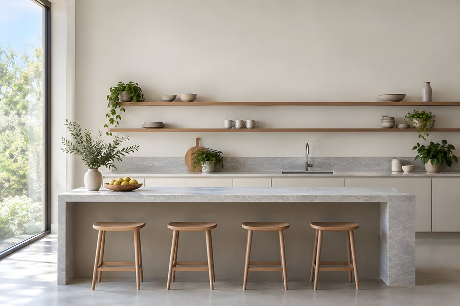 Empty modern office kitchen with stone island counter, wooden stools, open shelving and plants near a large window