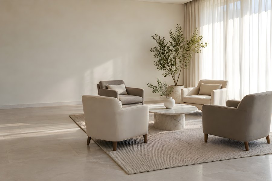 Empty office reception area with blank feature wall, armchairs, and marble coffee table in a bright corporate waiting space