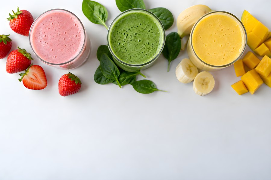 Three Fresh Fruit and Vegetable Smoothies in Clear Glasses with Strawberries, Spinach, Banana and Mango on White Background