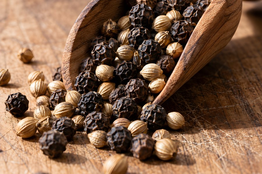 Black peppercorns and coriander seeds spilling from a wooden scoop onto a rustic wooden table, macro close-up of whole dried spices