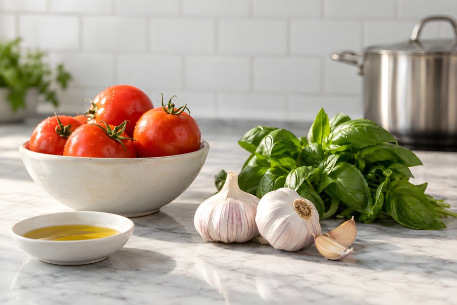 Fresh tomatoes, garlic and basil arranged on a marble kitchen counter with olive oil, mise en place still life, no people
