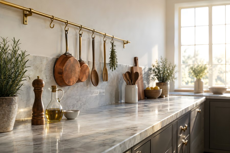 Sunlit marble kitchen counter styled with copper pots, wooden utensils and potted rosemary, no people