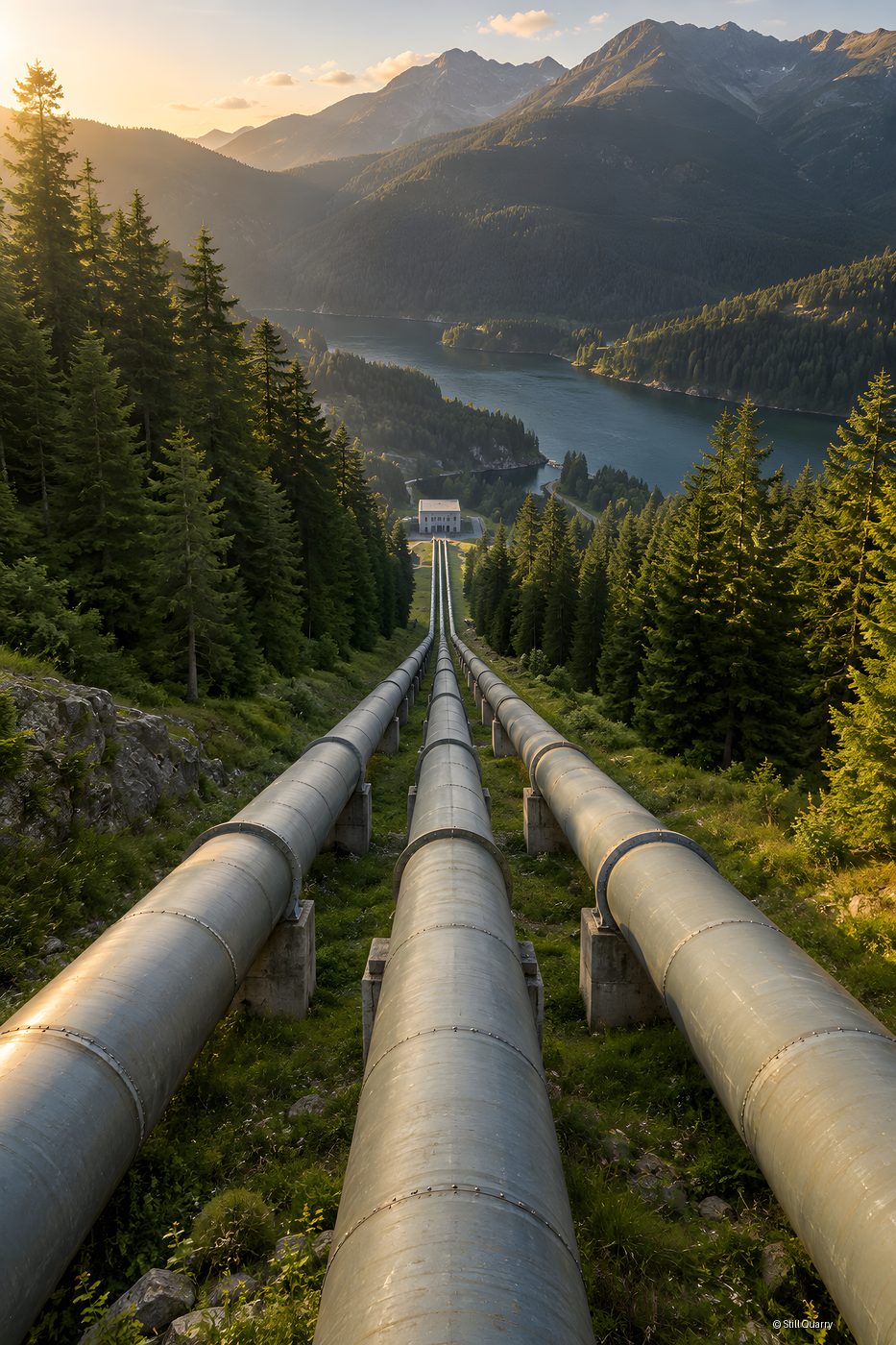 Three steel penstock pipes running down an alpine mountainside to a hydropower plant powerhouse above a forested reservoir at sunset
