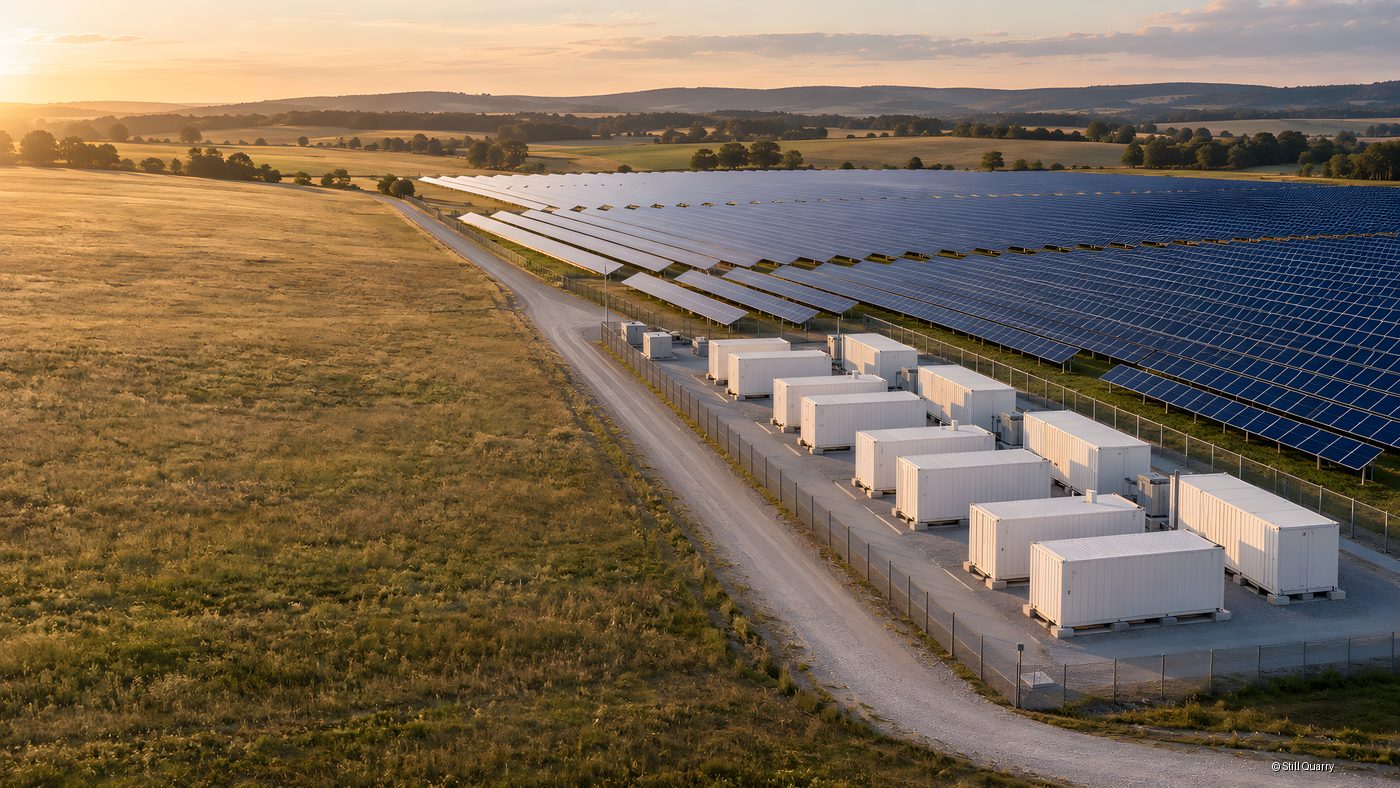 Aerial view of grid scale battery energy storage containers beside a solar farm on rural farmland at golden hour sunset