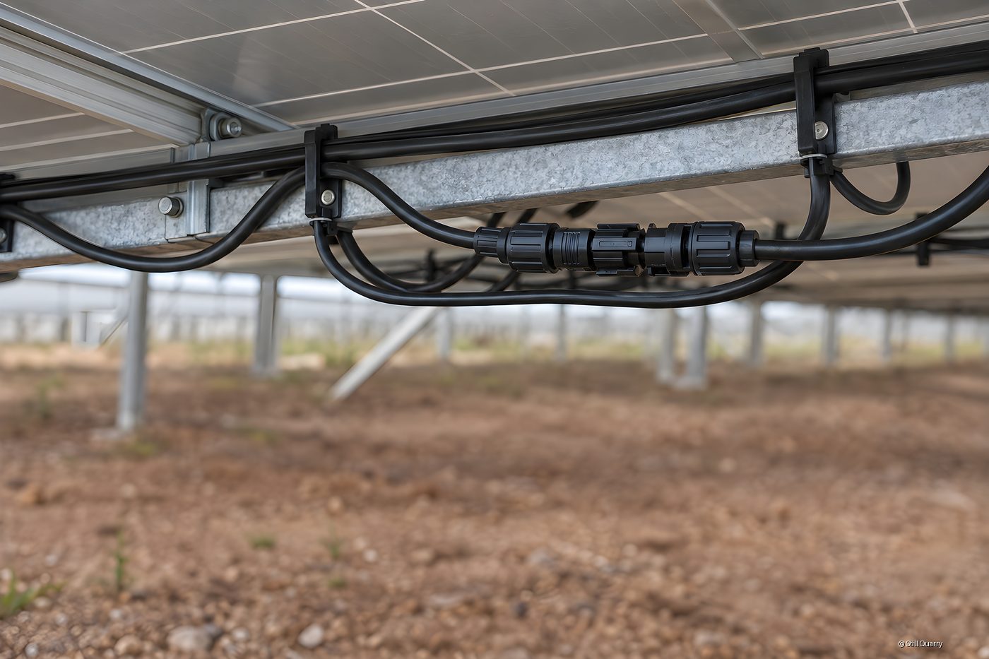 Underside of a ground-mounted solar array showing black cables, a connector and galvanized steel rail above bare soil