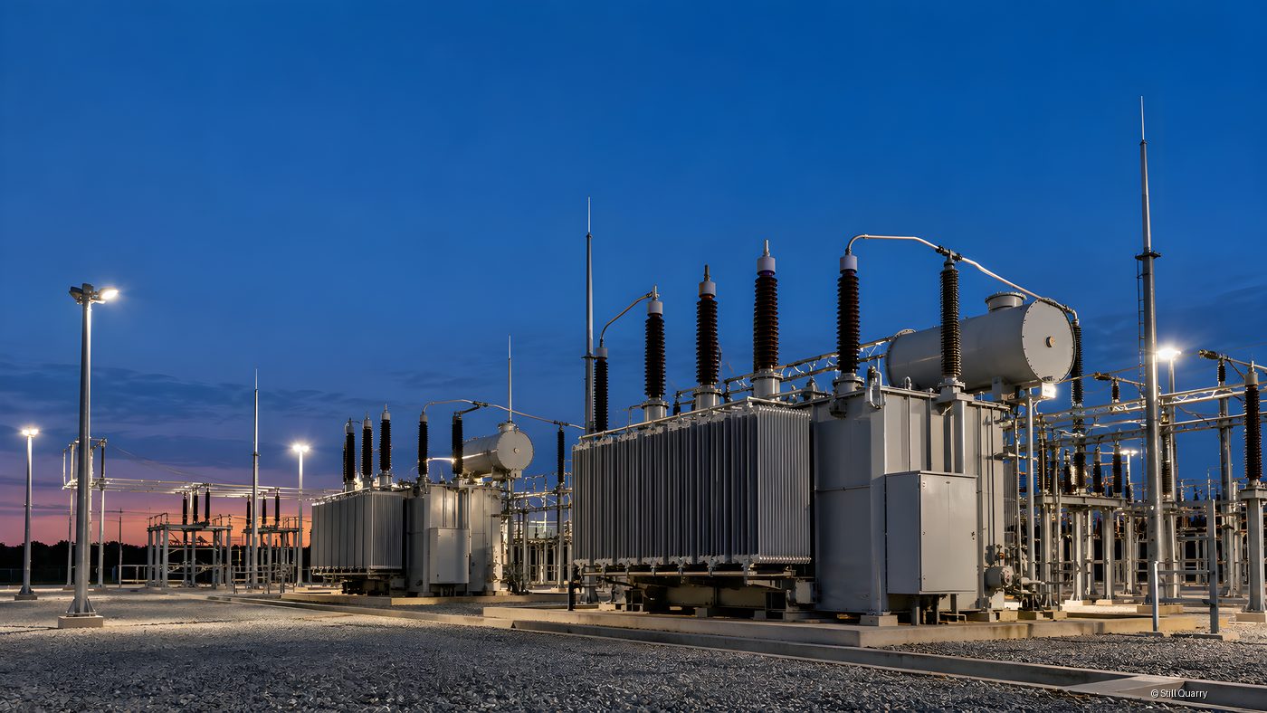 High voltage substation transformers and switchyard busbars under a deep blue twilight sky with floodlights on a gravel yard