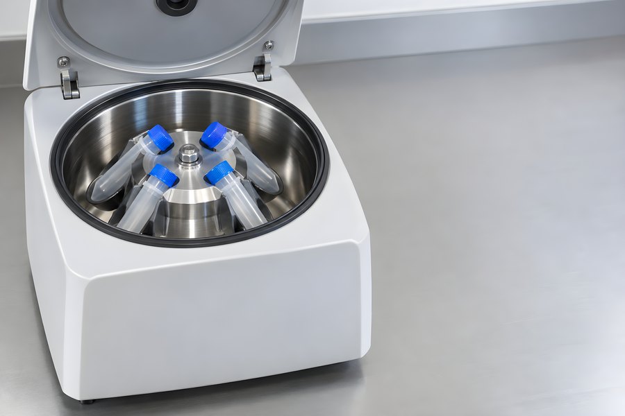 Open benchtop centrifuge with sample tubes in a stainless steel rotor on a laboratory bench