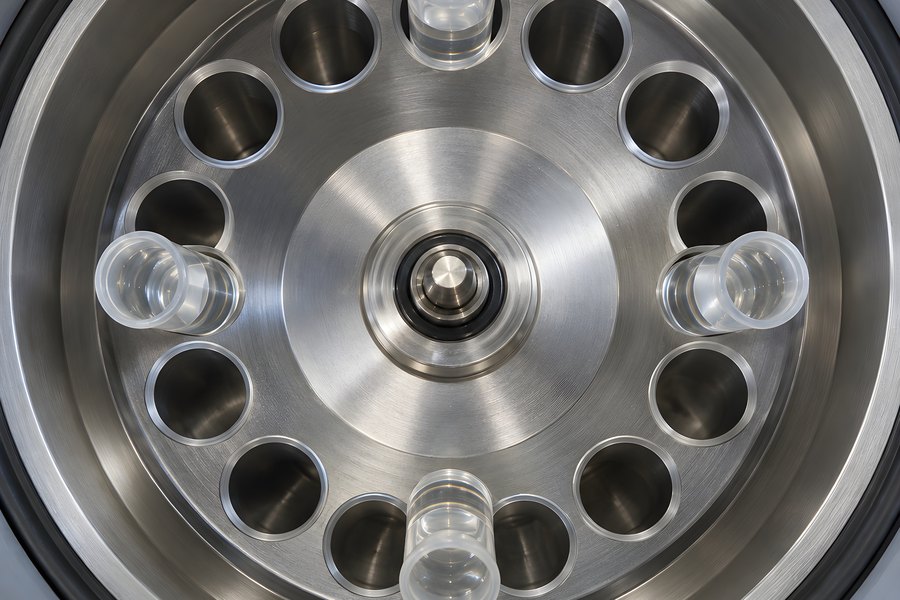 Top-down view of an open laboratory centrifuge rotor with empty microcentrifuge tubes in the slots