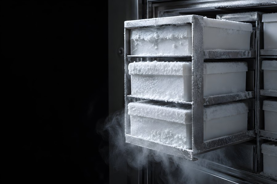 Frost-covered storage boxes on a freezer rack pulled from an ultra-low temperature biobank freezer with vapor rising