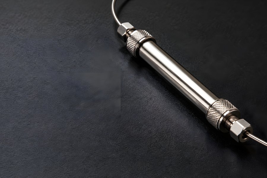 Stainless steel chromatography column with capillary tubing on a dark textured lab bench, copy space