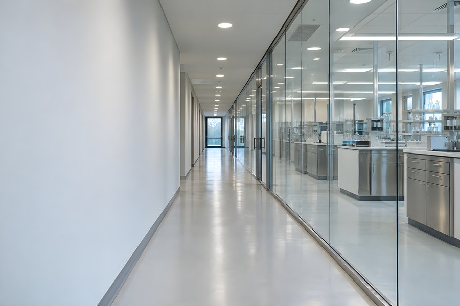 Empty modern laboratory interior seen through a glass wall from a bright corridor, no people, wide architectural shot with copy space
