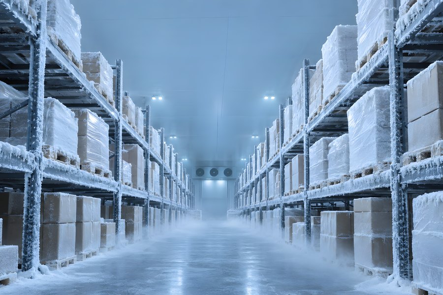 Frost-covered pallet racking inside a refrigerated warehouse aisle with cold fog and evaporator units