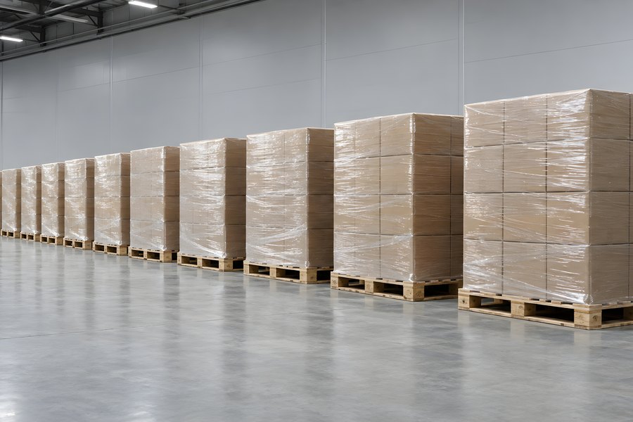 Rows of shrink wrapped pallets stacked with cardboard boxes in an empty warehouse aisle