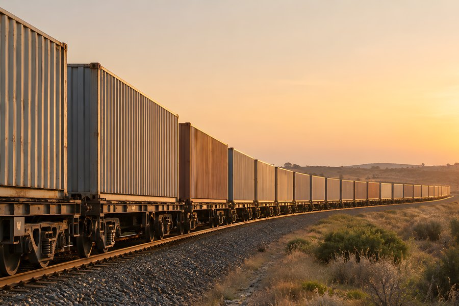 Freight train hauling shipping containers along curved railway tracks at golden hour sunset, no people