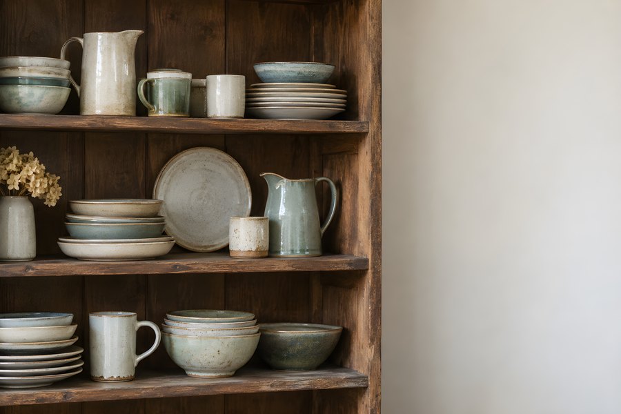 Rustic wooden dresser shelf displaying pre-owned stoneware tableware, plates, bowls, mugs and jugs, with dried flowers and copy space