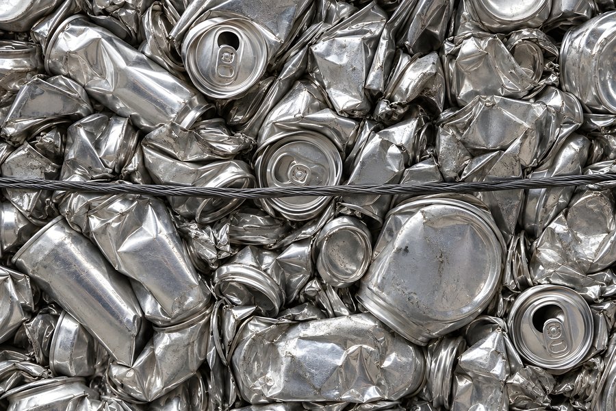 Compressed Aluminium Can Bale with Baling Wire, Close-Up Texture of Crushed Recycled Cans