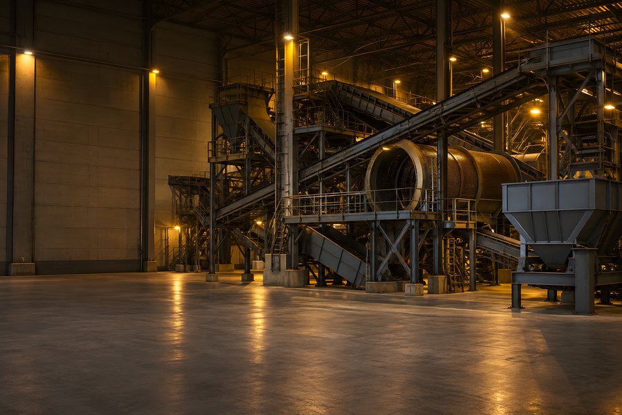 Empty Recycling Sorting Line with Conveyor Belts and Trommel Screen Inside a Material Recovery Facility at Night