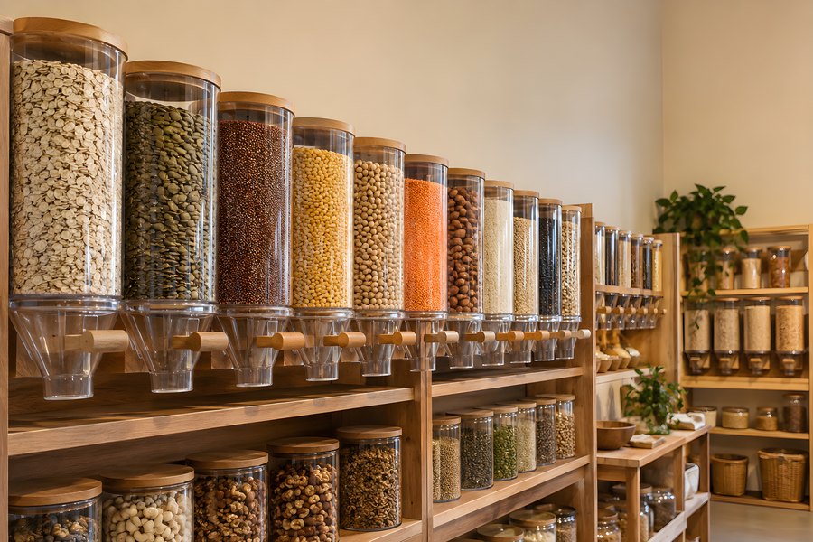 Wall of bulk food dispensers filled with grains, legumes and nuts above rows of unlabelled jars in a zero waste grocery store