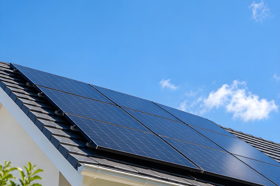 Black solar panels installed on the tiled pitched roof of a residential home under a bright blue sky with green shrubs in the foreground