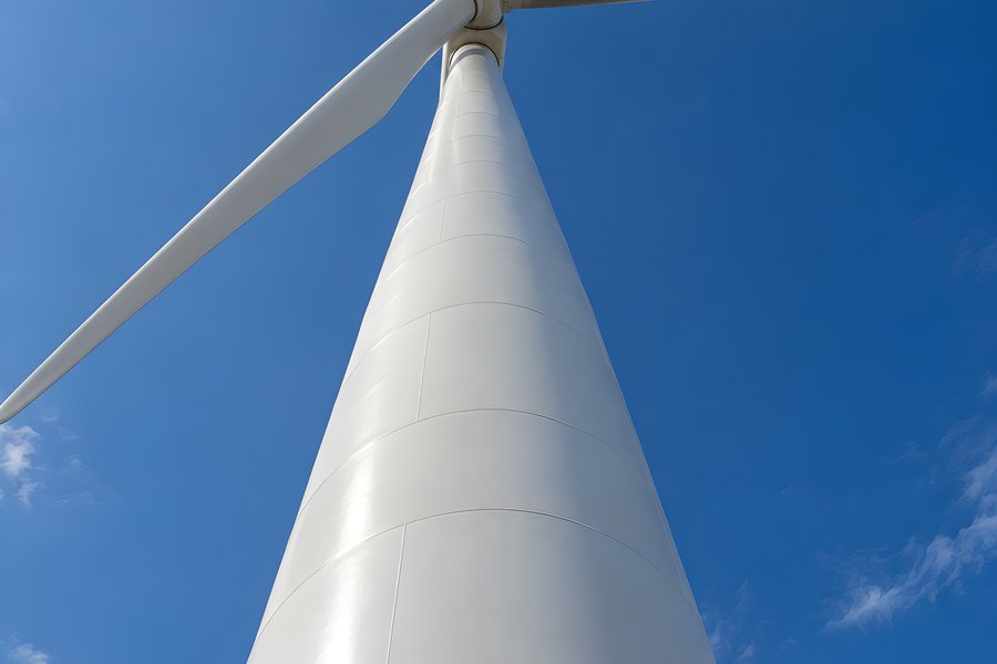 Low angle view up a white wind turbine tower to three rotor blades against a clear blue sky with wispy clouds