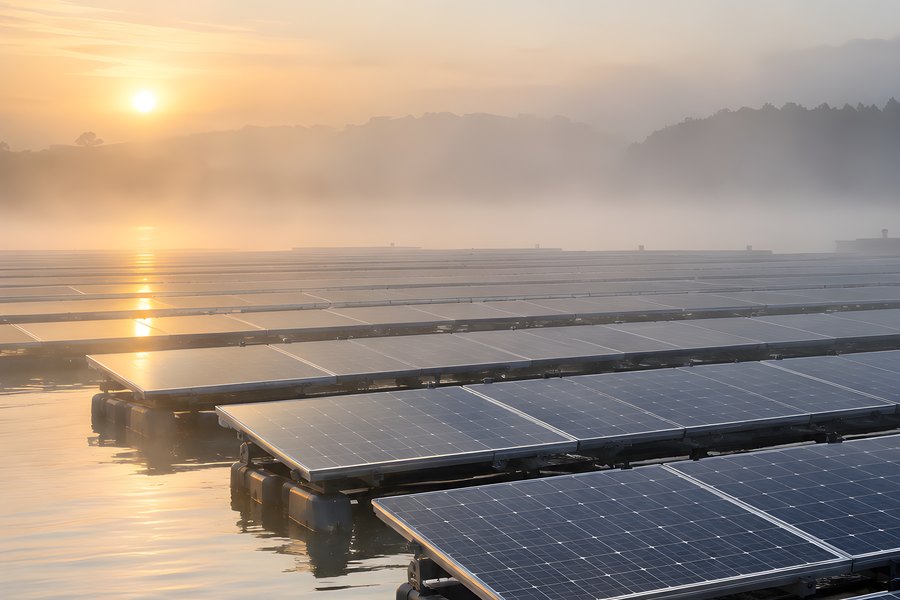 Floating solar farm on a misty reservoir at sunrise, pontoon-mounted photovoltaic panels over calm water with golden sun reflection