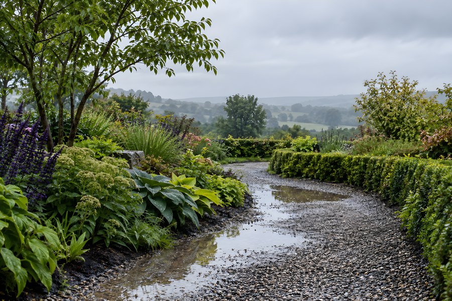 Wet garden path winds past rain-drenched hostas and clipped hedges toward misty spring hills