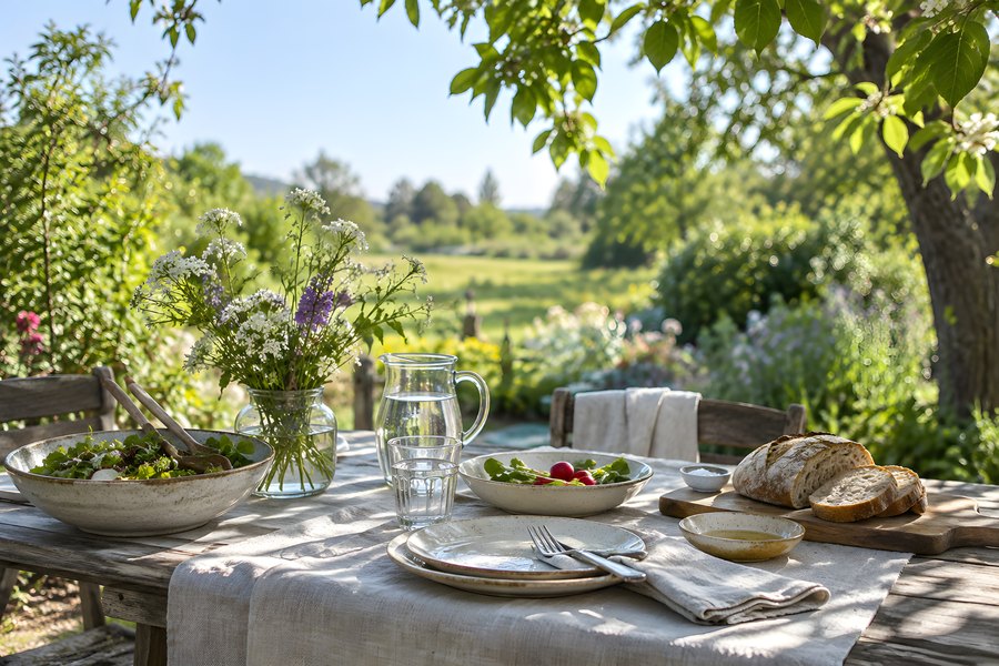 Rustic wooden garden table set for a spring lunch with wildflowers, salad, and fresh bread, no people