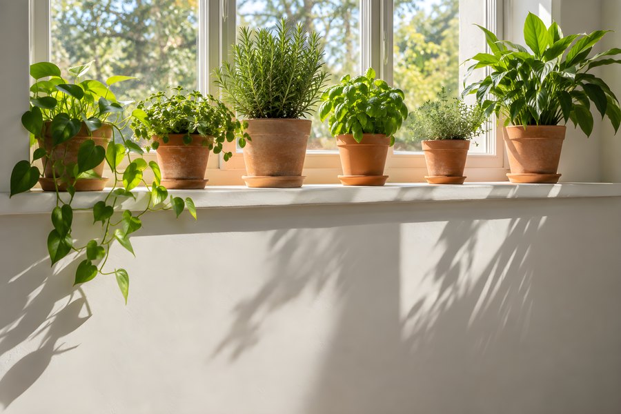 Terracotta potted herbs and houseplants lined up on a sunlit windowsill, casting leaf shadows on a white wall