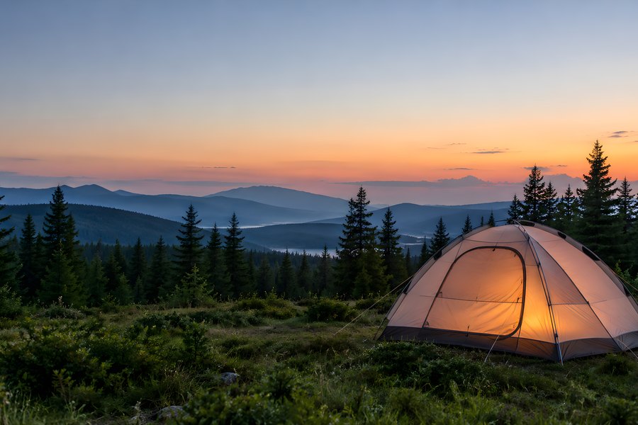 Glowing Camping Tent Illuminated at Dusk on a Forested Mountain Ridge with Layered Peaks and Sunset Sky, No People