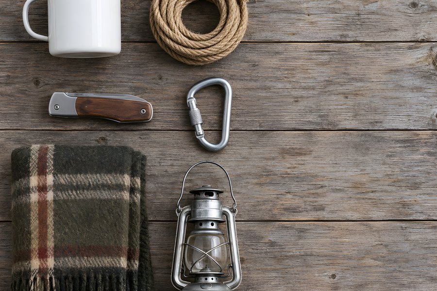 Flat lay of camping gear with enamel mug, coiled rope, carabiner, pocket knife, plaid blanket and lantern on weathered wood planks