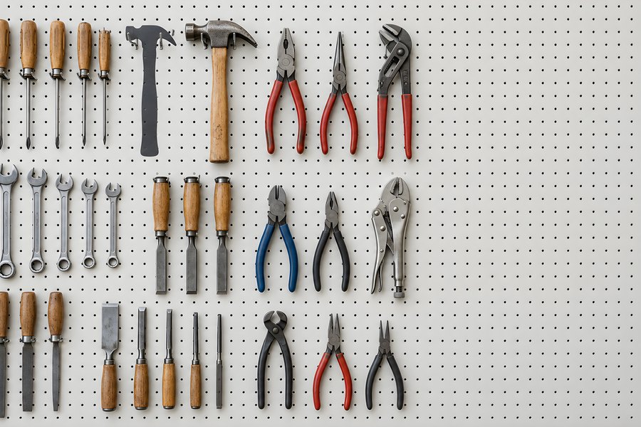 Organized pegboard tool wall with hand tools hanging on hooks in neat rows, garage workshop storage, copy space, no people