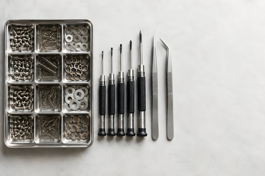 Compartment tray of screws, springs and washers beside precision screwdrivers and tweezers on a repair workbench, copy space