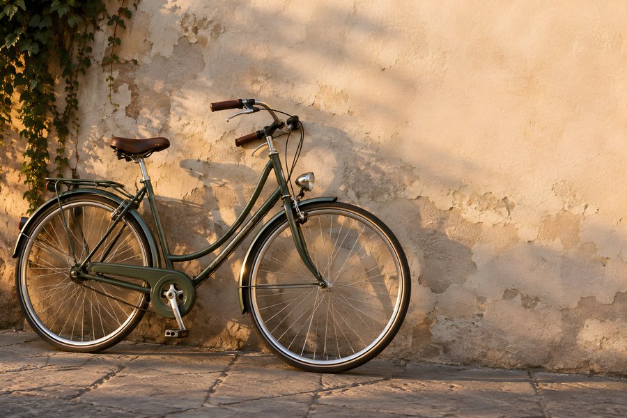 Vintage green city bicycle with leather saddle leaning against a weathered plaster wall at golden hour