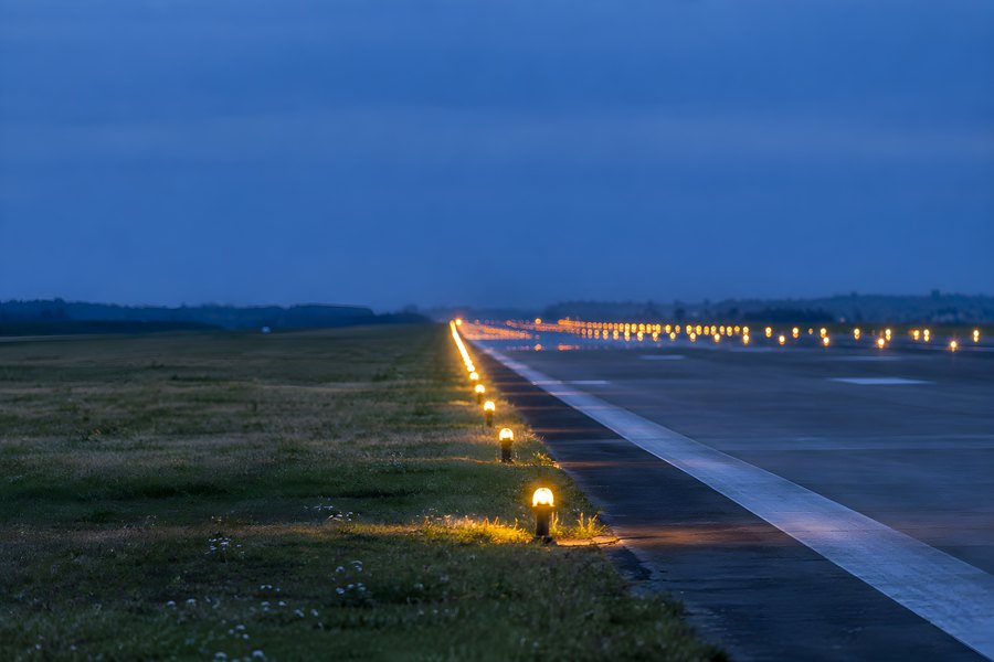 Runway edge lights glow along an empty airport runway at dusk, white pavement markings curving into the distance