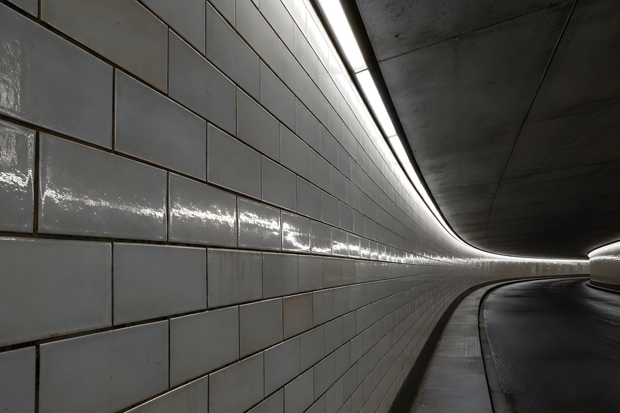 Empty curved road tunnel with a continuous light strip and glossy tiled wall leading to a vanishing point