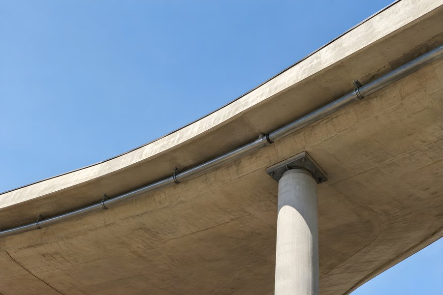 Low-angle view of a curved concrete elevated bridge underside with a single support column against a clear blue sky