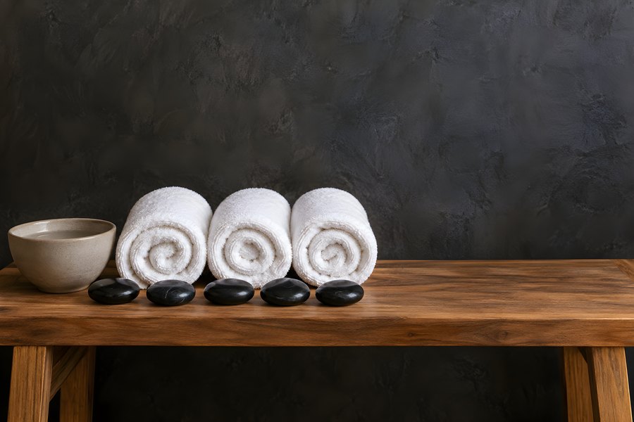 Rolled white spa towels with black basalt hot stones and a ceramic bowl on a wooden table against a dark textured wall, copy space