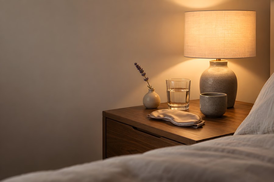 Warm lamp glow on a wooden nightstand with a water glass, lavender sprig and silk eye mask beside rumpled linen bedding for a calming bedtime routine