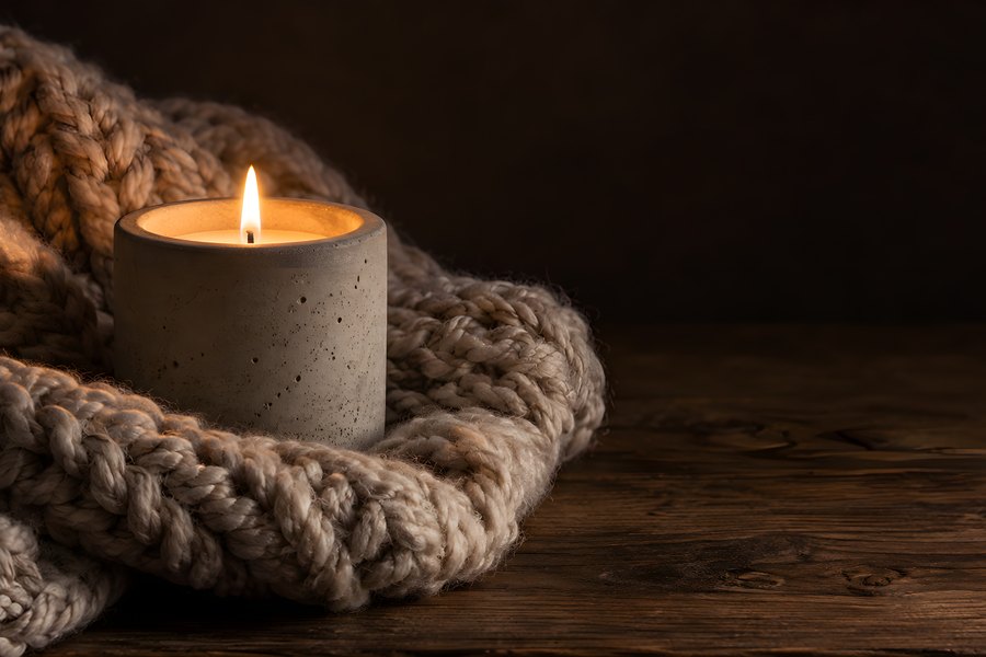Single lit candle in an unlabelled concrete jar nestled in a chunky knit wool throw on a dark wooden table, cosy warm glow with copy space